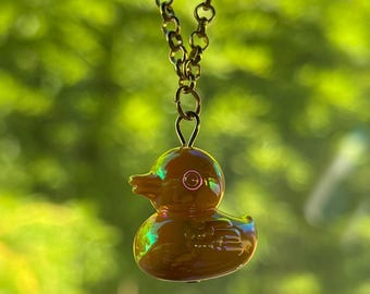YeIlow Iridescent Rubber Duck Car Charm | Cute Gold Chain Rearview Mirror Accessory | Fun Car Decoration | Rubber Ducky Gift