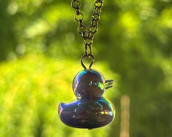 Purple Iridescent Rubber Duck Car Charm | Cute Gold Chain Rearview Mirror Accessory | Fun Car Decoration | Rubber Ducky Gift