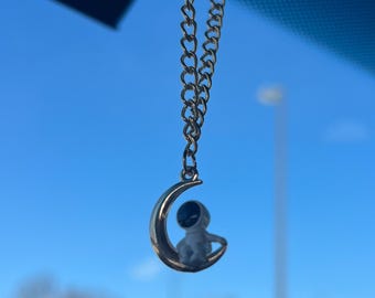 Astronaut Moon Car Charm | Gold Crescent Moon Car Accessory | Cute Galaxy Rearview Mirror Charm | Celestial Car Decor | Space Lover Gift