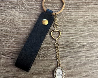 Photo Frame Keychain w/ Black Faux Leather Strap & Gold Heart Charm | Add Your Own Photo!