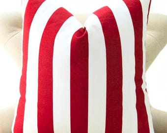 Red White wide Stripe Pillow Cover all Cotton Print Home Decorative throw accent Made to Order all sizes lumbar and Euro