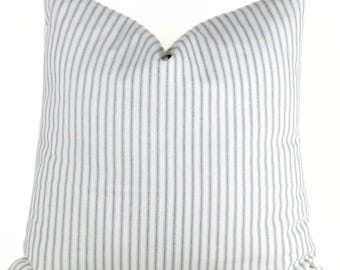 Grey Stripe Pillow Cover Print on White all Cotton Home Decorative throw accent Made to Order all sizes lumbar and Euro