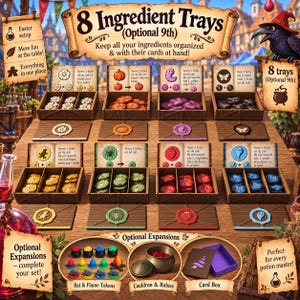 Può includere: Un set di otto vassoi in legno per ingredienti da gioco da tavolo, con scomparti organizzati per gettoni colorati e carte istruzioni. Il set include espansioni opzionali come piccoli calderoni, gettoni ratto e una scatola per carte viola.
