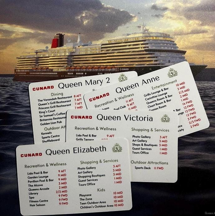 Cunard Cruise Ship Card: Queen Elizabeth, Mary 2, Victoria, Anne