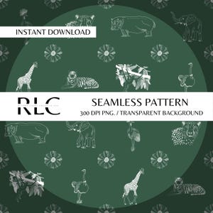 African Animal Safari Seamless Pattern Hand Drawn PNG Download Digital Paper Sublimation Fabric