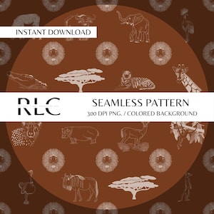 Animal Safari Seamless Pattern Hand Drawn PNG Download Digital Paper Sublimation Fabric TWO background colors included