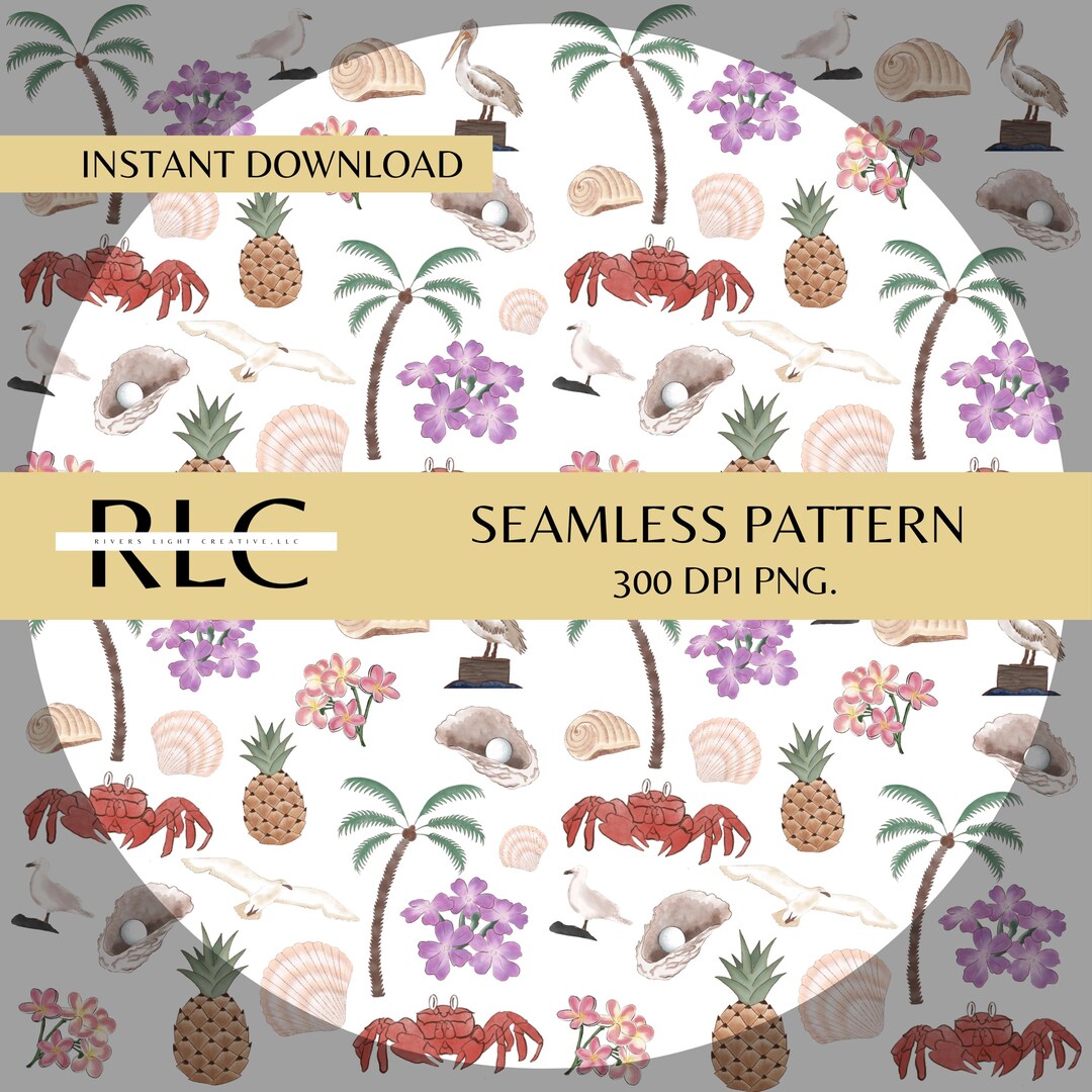 Tropical Beach Seamless Pattern Hand Drawn PNG Download Digital Paper ...