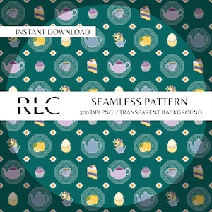 Tea Time Seamless Pattern Hand Drawn PNG Download Digital Paper Sublimation Fabric
