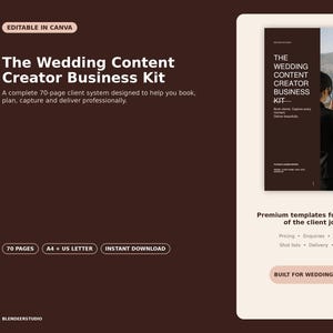 Könnte beinhalten: Das Wedding Content Creator Business Kit ist ein 70-seitiges digitales Vorlagenset für Canva. Es enthält A4- und US-Letter-Formate für Kundensysteme und zeigt ein Deckblatt mit einer Hochzeitsfotografie-Szene und Text-Overlays.