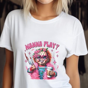 Pink Chucky wanna play t-shirt Halloween Chucky sweatshirt Scary Chucky tee Bloody Chucky Halloween tee Best Halloween shirt