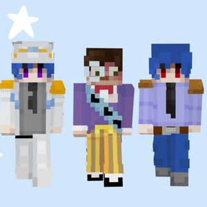 May include: Three Minecraft character skins are depicted against a light blue background with white stars. The characters wear outfits in various colors, including white, purple, and blue. The characters have blue hair and different eye colors.