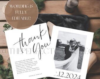 Minimalistyczny szablon karty z podziękowaniami do pobrania Wydrukuj nowoczesną kartę z podziękowaniami ślubnymi ze zdjęciem