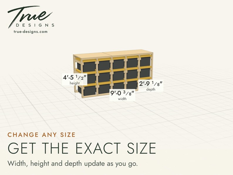 A 5 by 3 tote rack in the 3D plan with its width, height and depth labeled