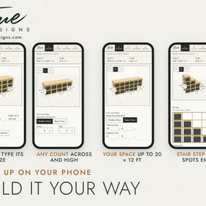 Four phones showing the size form: bin size, bins across and high, the space you have, and empty spots