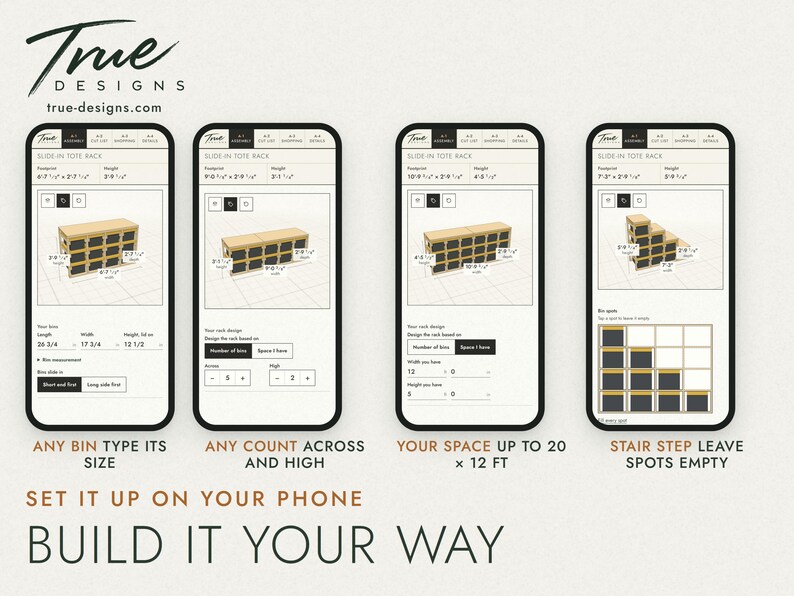 Four phones showing the size form: bin size, bins across and high, the space you have, and empty spots