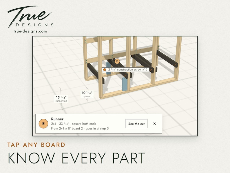 The 3D plan with a runner selected, showing its size and which board it comes from