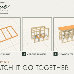 Three build steps of the tote rack in the 3D plan: front frame, runners and plywood top