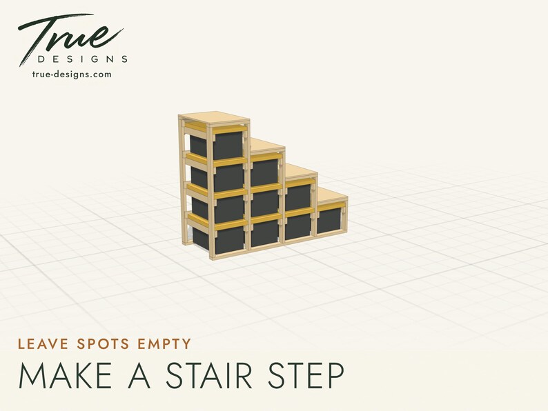 A stair-step tote rack made by leaving spots empty