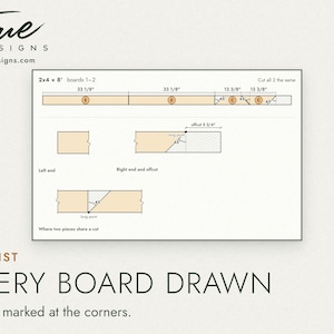 A tote rack cut list board: two runners and two knee braces with their 45 degree cuts marked