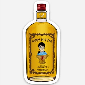 May include: A yellow bottle with a red cap and a label that says "Harry Potter and the Goblet of Fireball". The label also features a cartoon image of Harry Potter inside a goblet.