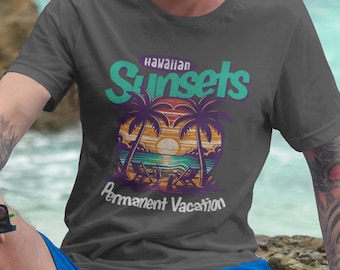 Hawaiianische Sonnenuntergänge Tropisches Insel-Hemd Retro Strand-T-Shirt 80er Jahre Stil Sommerferien Grafik-T-Shirt Coole Tropen Art Ozean-Feiertags-Hemd