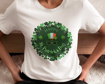 Happy St. Patrick's Day Graphic Tee Fun Leprechaun Green Shamrock Four Leaf Clover T-shirt Men and Women Gift For Him or Her Shirt