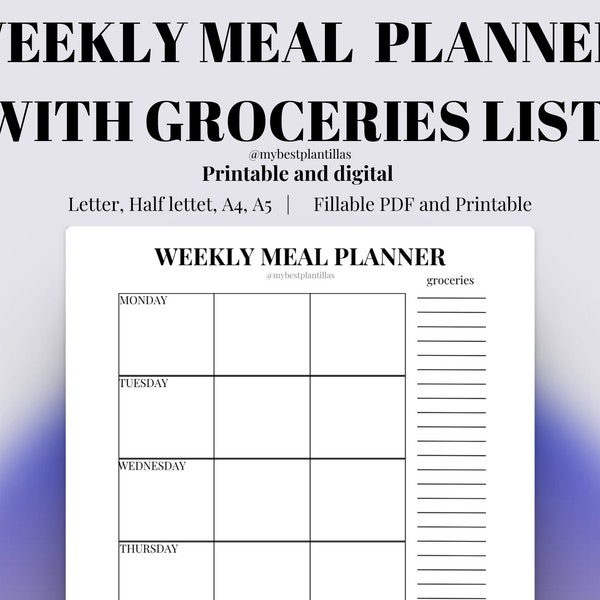Weekly Meal Planner, Save time thinking on what meal prepare, Make a healty and tasty menu, Save money and buy your groceries wisely