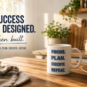 May include: A white ceramic mug featuring the blue text "FOCUS. PLAN. EXECUTE. REPEAT." printed in a blueprint-style font. The mug sits on a wooden surface next to a plate with a croissant, a bowl of limes, and a striped cloth napkin.