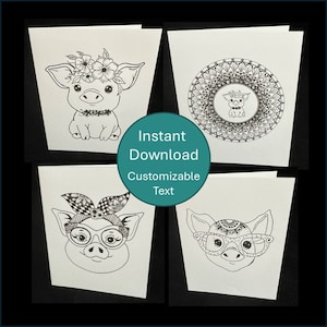 Descarga digital 4-Pack Tarjetas de felicitación de cerdo ilustradas personalizables JPG PDF / Cumpleaños imprimible, Gracias, Tarjeta pensando en ti