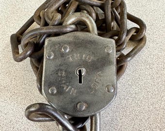 19th Century Trio Chain Lock, Original Iron Bicycle Chain Padlock with Chain, Steampunk Iron Belt Authentic Ironworks, Gift for Industrial