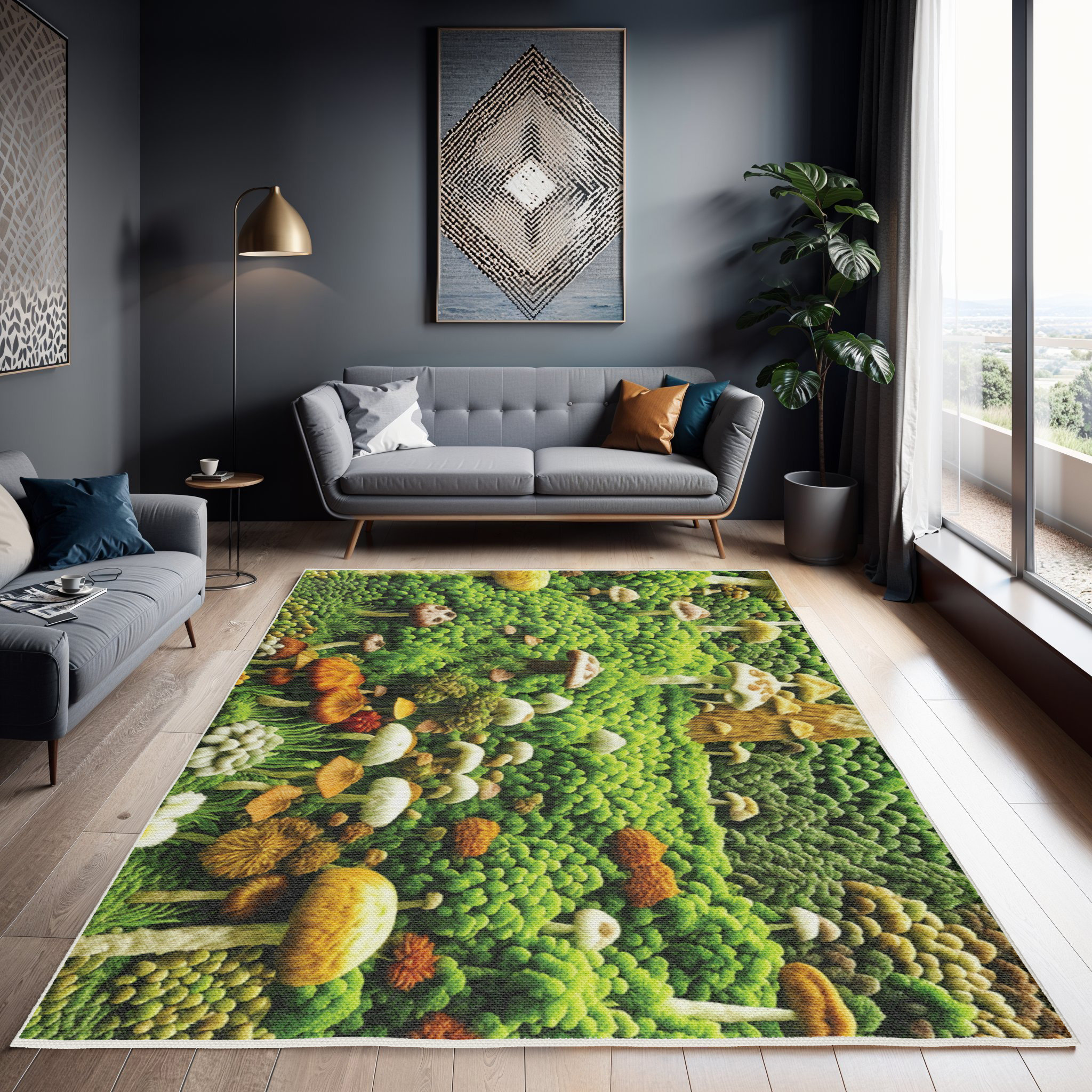 Boho Mushroom and Moss Rug For Bedroom, Living Room, Office Area Rug, Cottagecore Fairycore, Goblincore, Green 3d Tufted Mat Abstract Forest