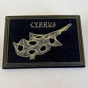 Gold Cyprus String Art from 1960s, Vintage Authentic Handmade MCM Velour Wall, Mediterranean Island Mid Century Modern Rare Hand Made Gift