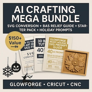 Op de afbeelding: Een AI-knutsel mega-bundel met SVG-conversie, reliëfgids, starterspakket en vakantieprompts. Inclusief een houten zonnebloemcarving en decoratieve vakantieornamenten. Voor Glowforge, Cricut en CNC-machines.