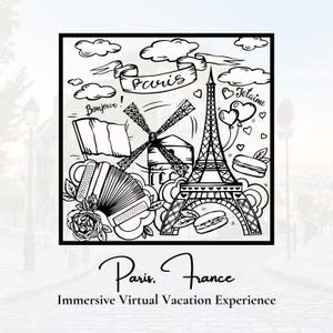 May include: Black and white line drawing illustration of iconic Parisian landmarks, including the Eiffel Tower, a windmill, and an accordion. The illustration is surrounded by a black frame and includes the text "Paris" and "Je t'aime".