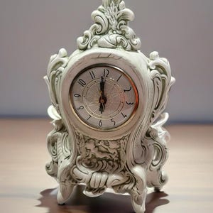 May include: A white porcelain clock with ornate details and a gold-rimmed clock face. The clock face has black Roman numeral hour markers and black hands.