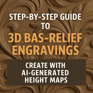 May include: A brown background with the text "STEP-BY-STEP GUIDE TO 3D BAS-RELIEF ENGRAVINGS" in white and orange. Below, a dark brown rectangle reads "CREATE WITH AI-GENERATED HEIGHT MAPS."