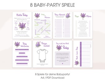 Set mit 8 Babyparty Spielen auf deutsch | Ratespiel, Tippkarte, Geschlecht Rätsel, Stadt-Land-Baby uvm. | Digitaler A4 PDF Download