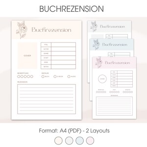 Könnte beinhalten: Zwei druckbare Buchrezensionsvorlagen im A4-Format. Die Vorlagen zeigen ein florales Design mit einem hellrosa und hellblauen Farbschema. Der Text "Buchrezension" wird auf jeder Vorlage angezeigt.