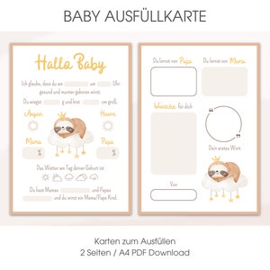 Rellenar tarjeta para baby shower | Hola bebé, juego de adivinanzas, regalo con perezoso | Deseos para niño o niña | Descarga de PDF digitales