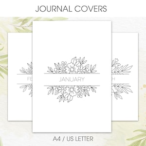 Páginas de portada de diario mensual floral | Páginas de plantilla de Bullet Journal imprimibles digitales | Plantillas de planificador digital sin fecha