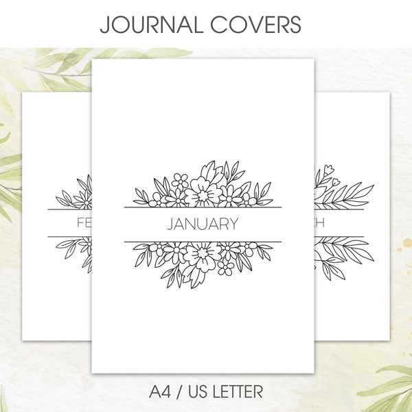 Florale monatliche Journal Deckblätter | Digitale druckbare Bullet Journal Template Seiten | Undatierte Digitale Planer Vorlagen