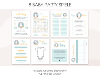 Set mit 8 Babyparty Spielen auf deutsch | Ratespiel, Tippkarte, Geschlecht Rätsel, Stadt-Land-Baby uvm. | Digitaler A4 PDF Download