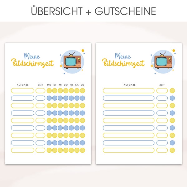 Bildschirmzeit Tracker für Kinder | Checklisten zum selber Ausfüllen + Bildschirmzeit Gutscheine | Digitaler PDF Download