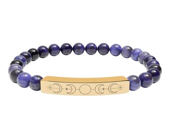 Moon Phases Engraved Natural Stone Stretch Bracelet | Witchy Celestial Beaded Bar Bracelet