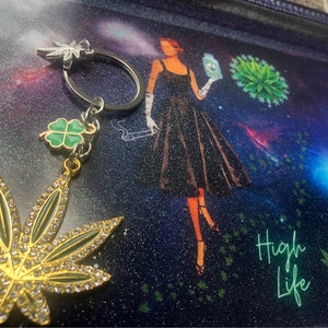 Mary Jane marijuana rhinestone four leaf clover good luck keychain