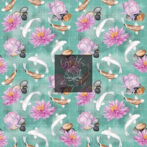 Puede incluir: Un patrón repetitivo con peces koi, flores de loto rosas y piedras zen sobre un fondo de cuadrícula turquesa. El diseño incluye peces koi blancos, flores de loto rosas y pilas de piedras zen. La imagen tiene el texto "Copy Lotus Design Co."