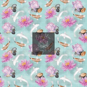 Puede incluir: Patrón repetitivo con flores de loto rosas, peces koi blancos, piedras marrones y guijarros gris oscuro sobre un fondo de cuadrícula azul claro. La imagen incluye el texto "Copy Lotus Design Co."