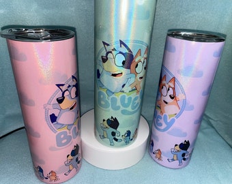 Bluey Tumbler, Custom Bluey, Bingo Bluey 20oz Skinny Tumbler Pink Shimmer, Gift Birthday, Custom Name Tumbler