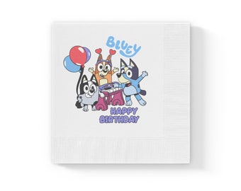 Bluey, Happy Birthday Napkins, Custom Napkins - White Coined Napkins