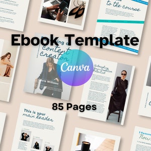 Könnte beinhalten: Ein Mockup einer E-Book-Vorlage mit dem Titel "Ebook Template" und dem Text "Becoming a content creator" auf dem Cover. Die Vorlage ist für Canva konzipiert und umfasst 85 Seiten. Das E-Book-Cover zeigt eine Frau in einem schwarzen Kleid und Sonnenbrille.